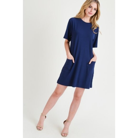 Women's Two Pocket T-Shirt Casual Short Dress NAV - Picture 5 of 8